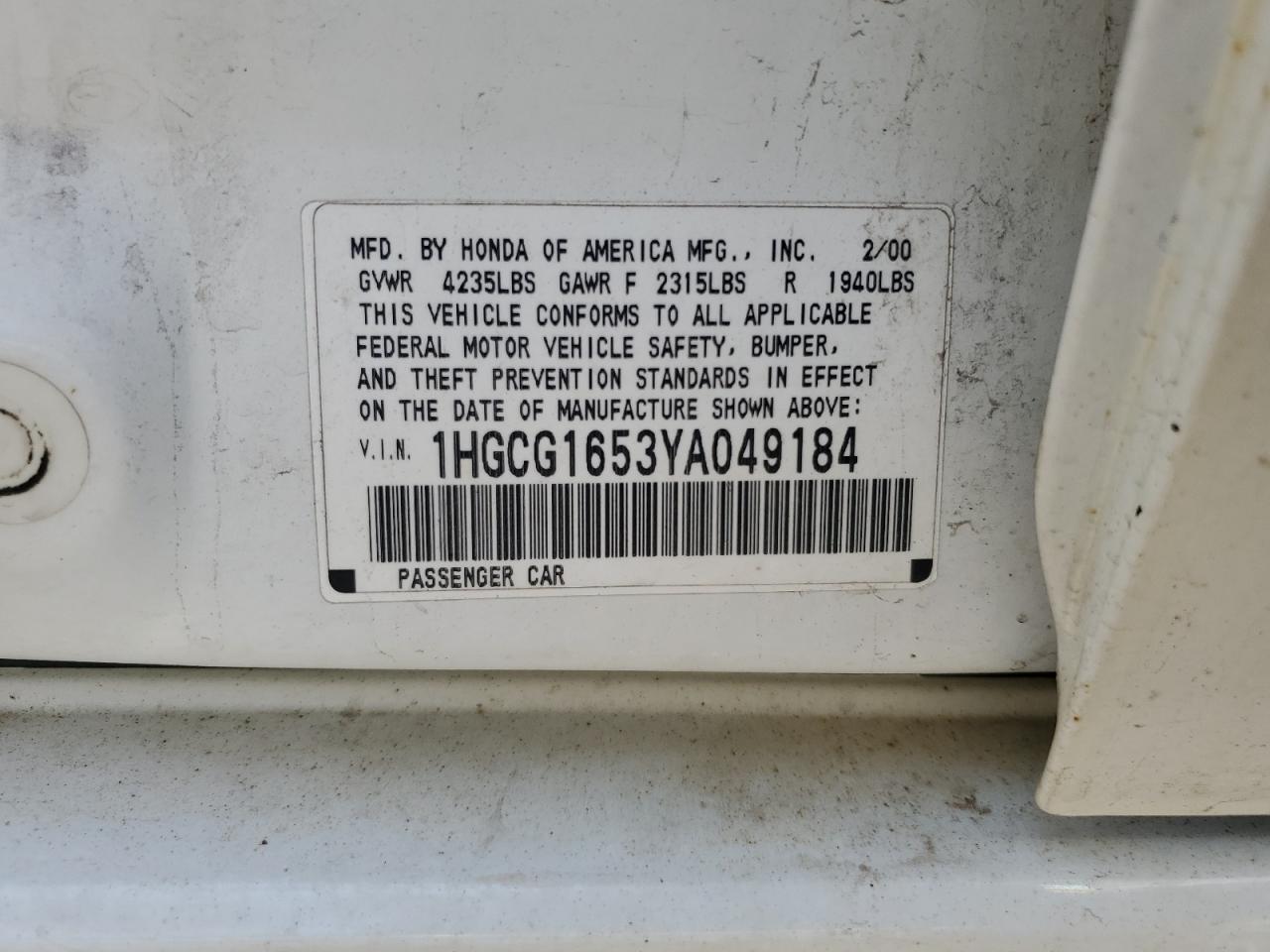 2000 Honda Accord Ex VIN: 1HGCG1653YA049184 Lot: 63700025