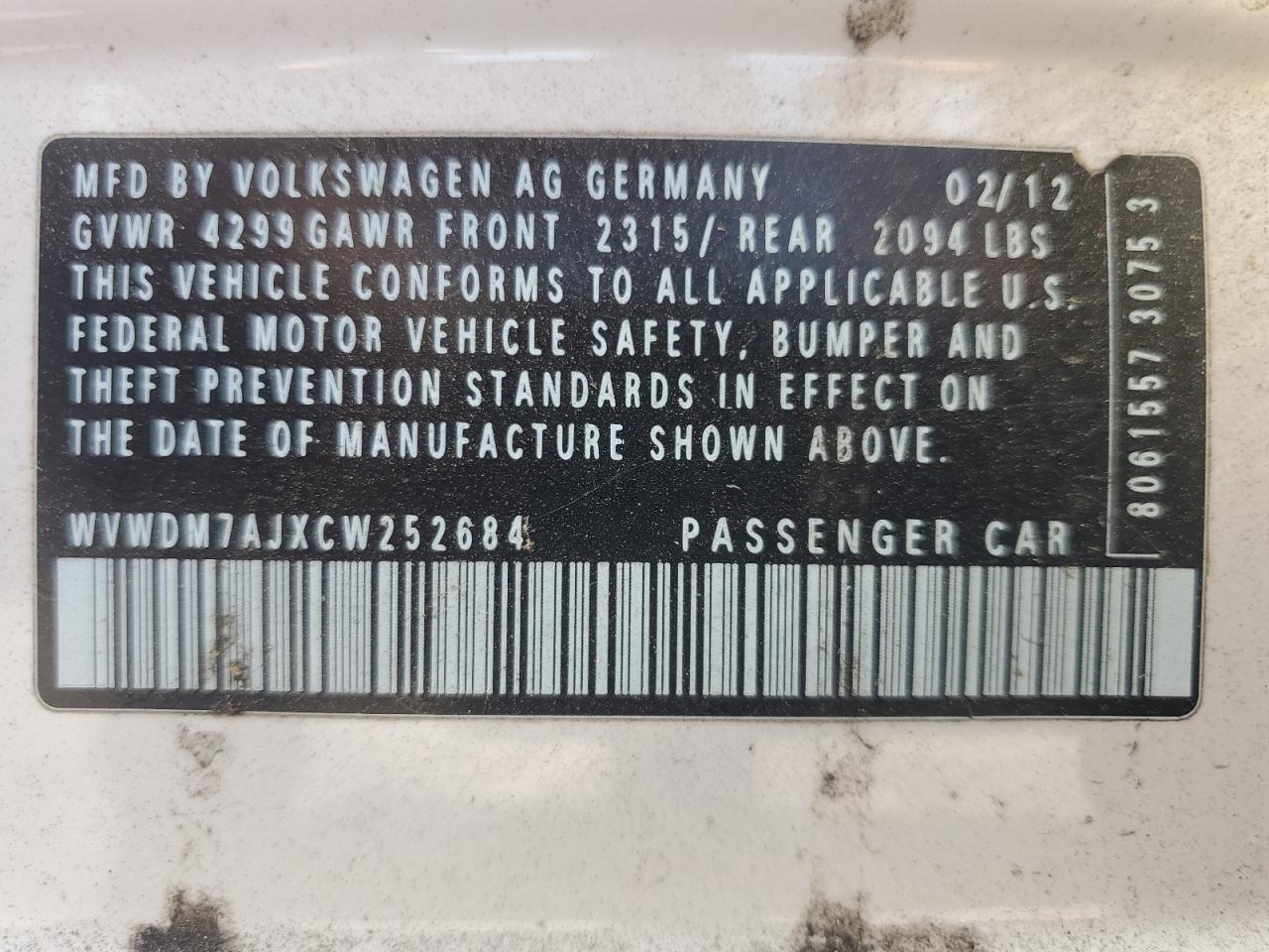 2012 Volkswagen Golf VIN: WVWDM7AJXCW252684 Lot: 63752035