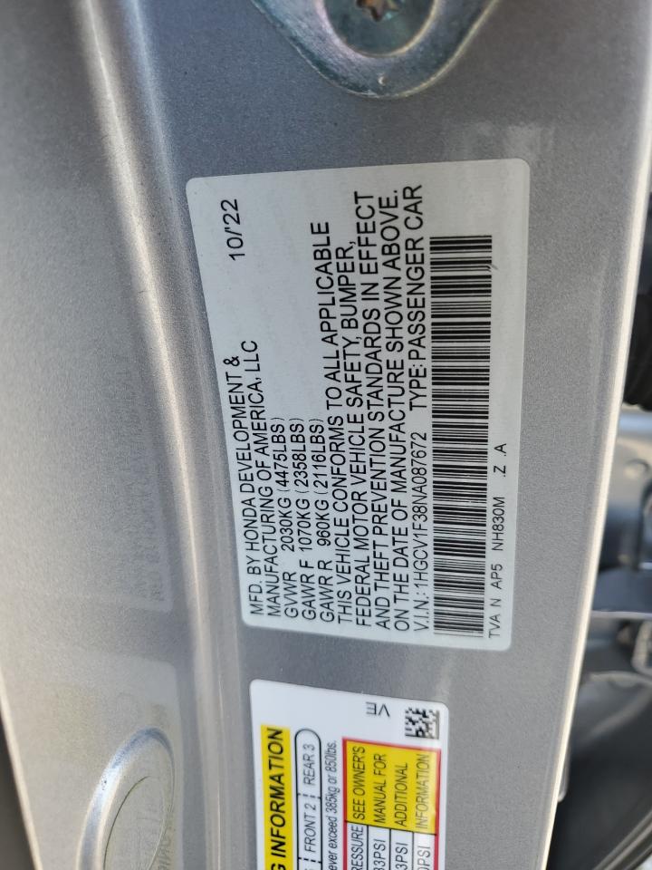 2022 Honda Accord Sport VIN: 1HGCV1F38NA087672 Lot: 64004245
