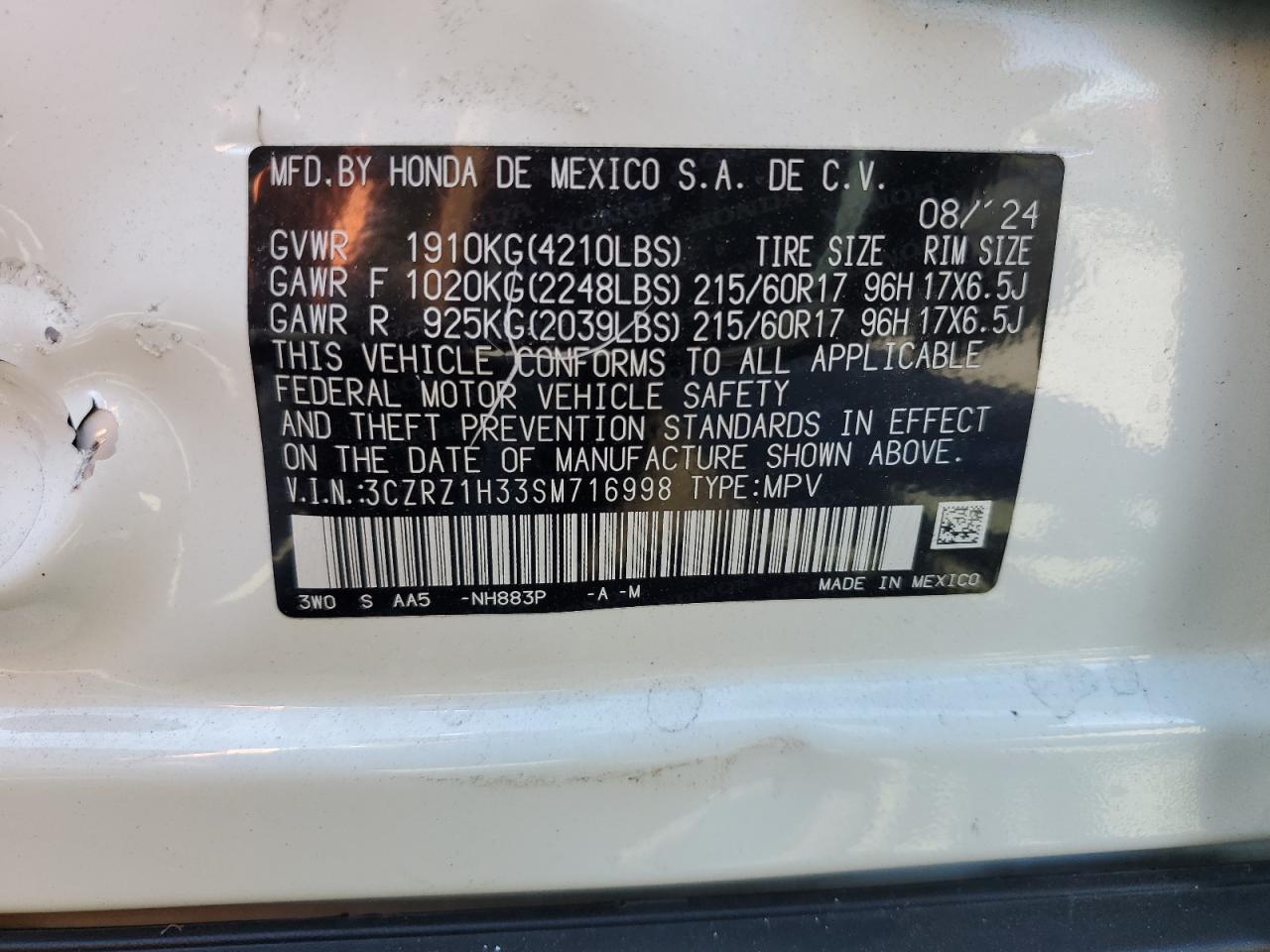 2025 Honda Hr-V Lx VIN: 3CZRZ1H33SM716998 Lot: 63431175