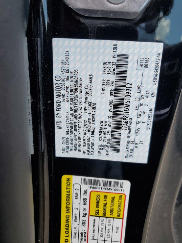 2021 Ford Mustang VIN: 1FA6P8THXM5109912 Lot: 63009095