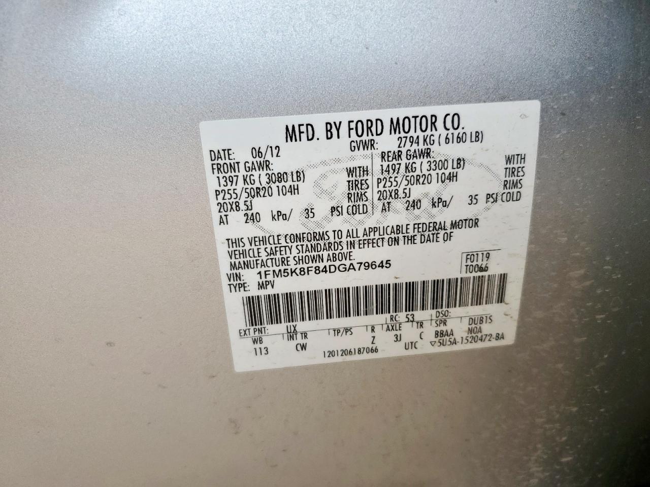 2013 Ford Explorer Limited VIN: 1FM5K8F84DGA79645 Lot: 66434305