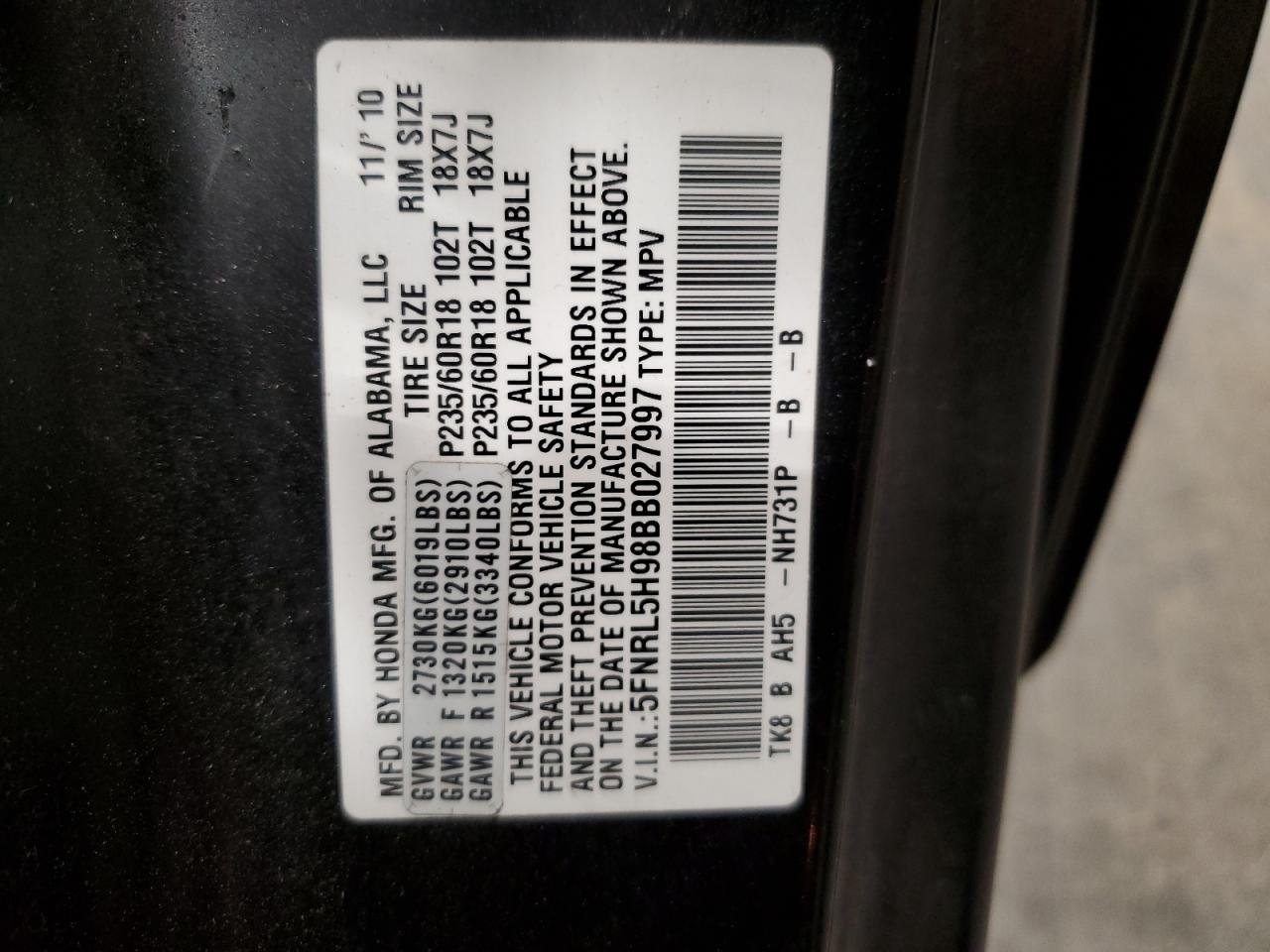 2011 Honda Odyssey Touring VIN: 5FNRL5H98BB027997 Lot: 63239175