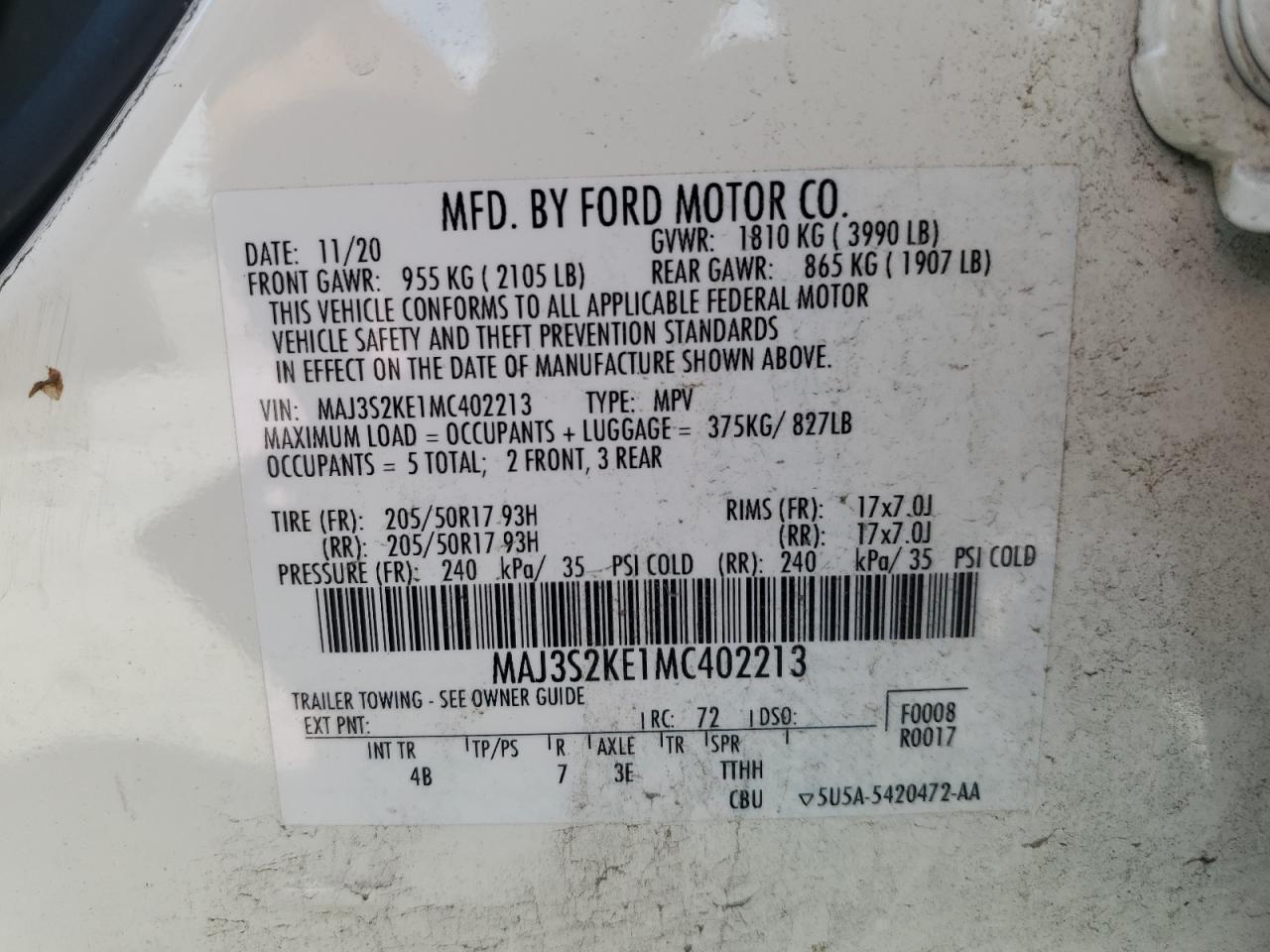 2021 Ford Ecosport Titanium VIN: MAJ3S2KE1MC402213 Lot: 63252575