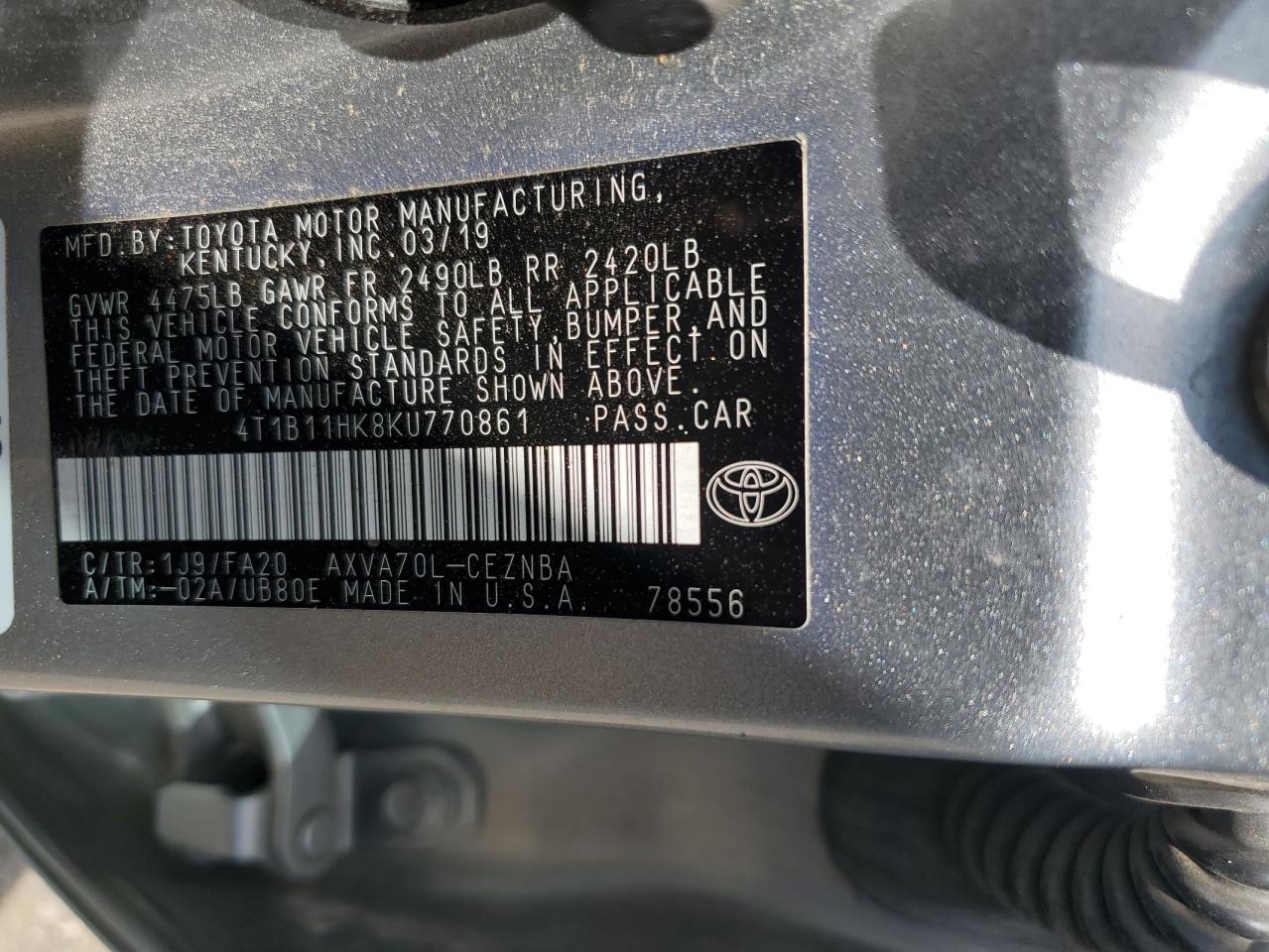 4T1B11HK8KU770861 2019 Toyota Camry L