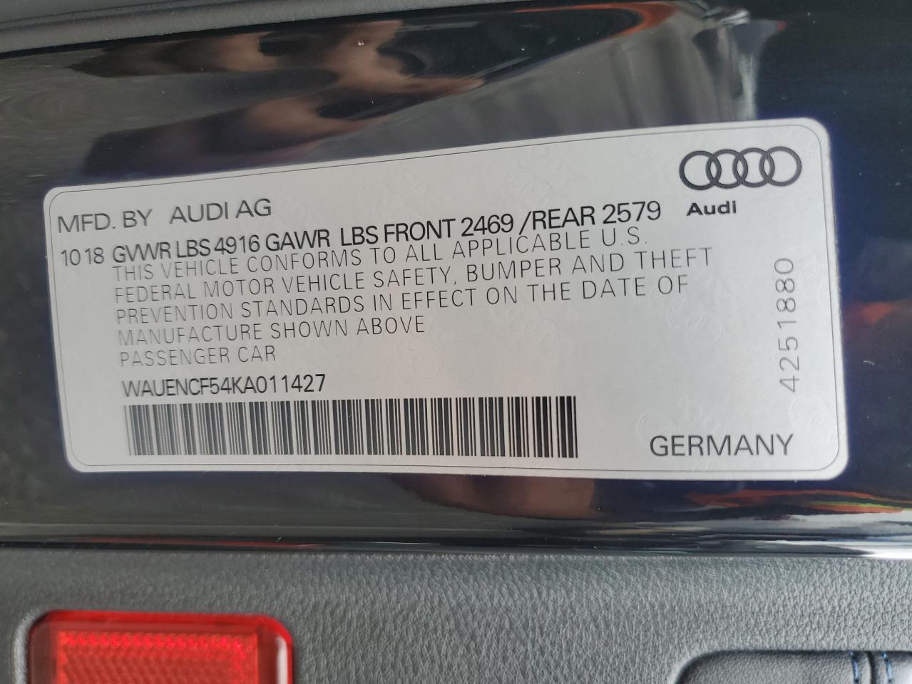 2019 Audi A5 Premium Plus S-Line VIN: WAUENCF54KA011427 Lot: 64821395