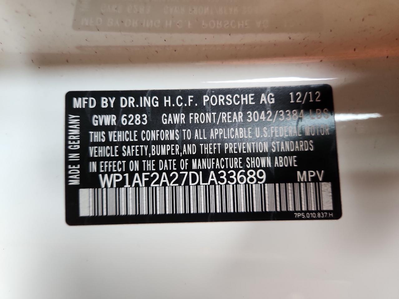 2013 Porsche Cayenne VIN: WP1AF2A27DLA33689 Lot: 64011545