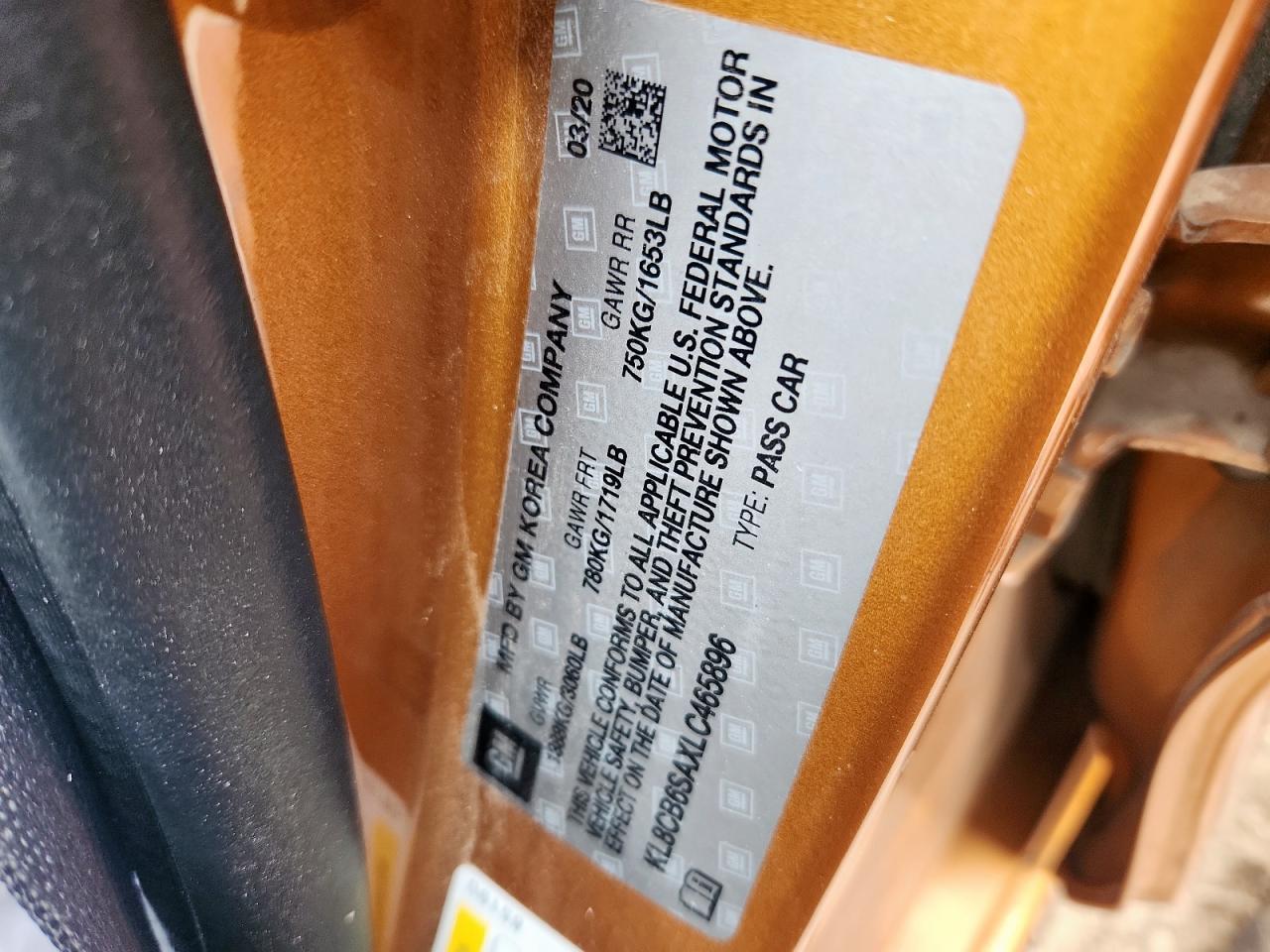 2020 Chevrolet Spark Ls VIN: KL8CB6SAXLC465896 Lot: 63262475