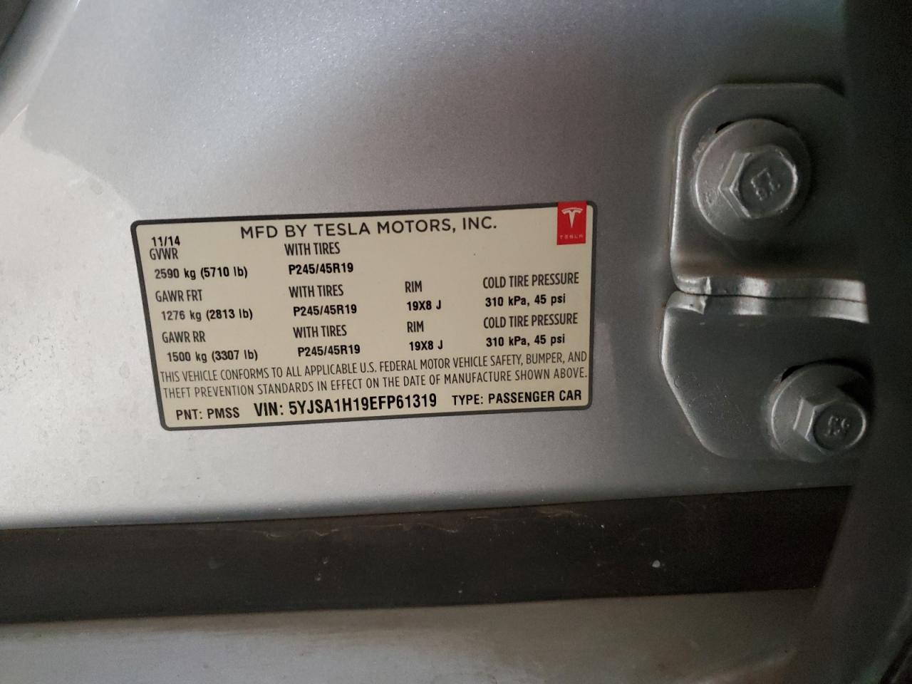2014 Tesla Model S VIN: 5YJSA1H19EFP61319 Lot: 64798375