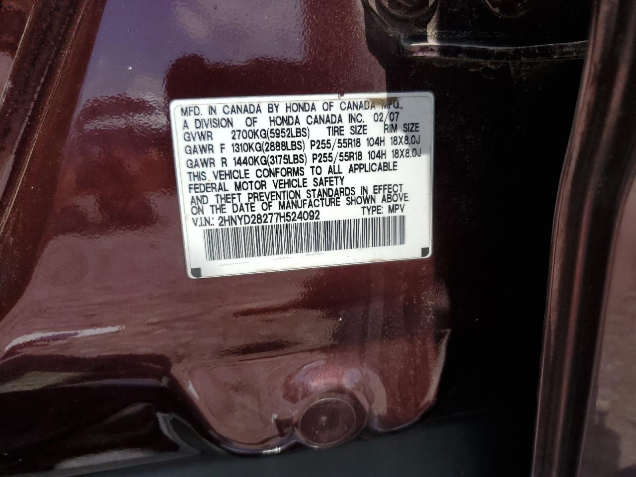 2007 Acura Mdx VIN: 2HNYD28277H524092 Lot: 61747725