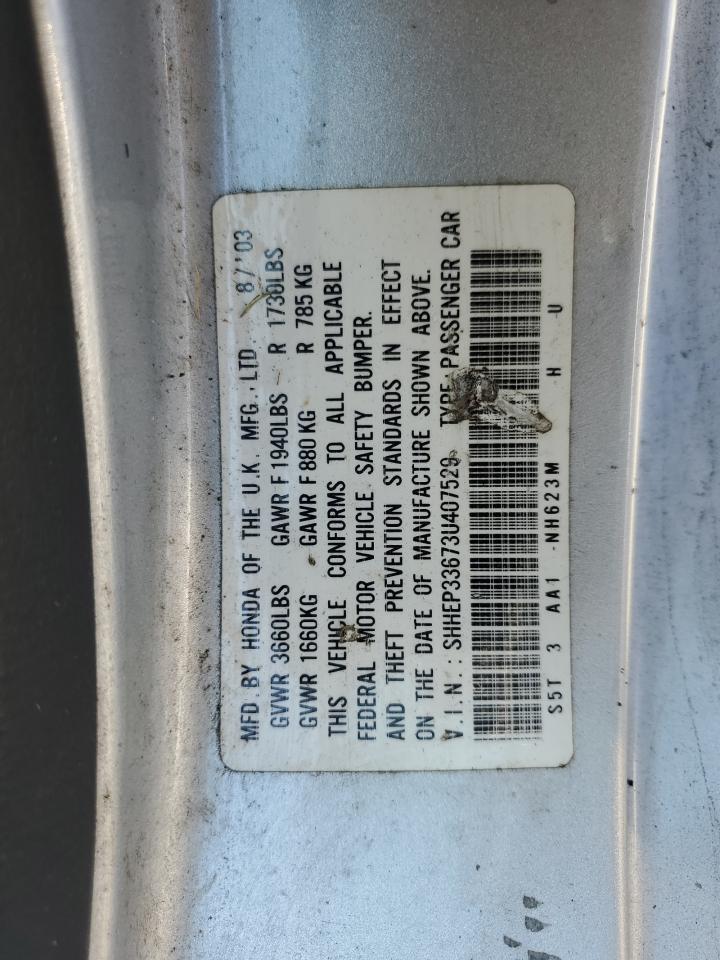 2003 Honda Civic Si VIN: SHHEP33673U407529 Lot: 64527125