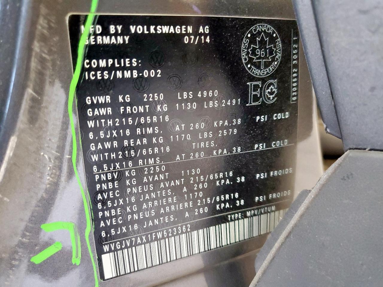 2015 Volkswagen Tiguan S VIN: WVGJV7AX1FW523362 Lot: 64430385