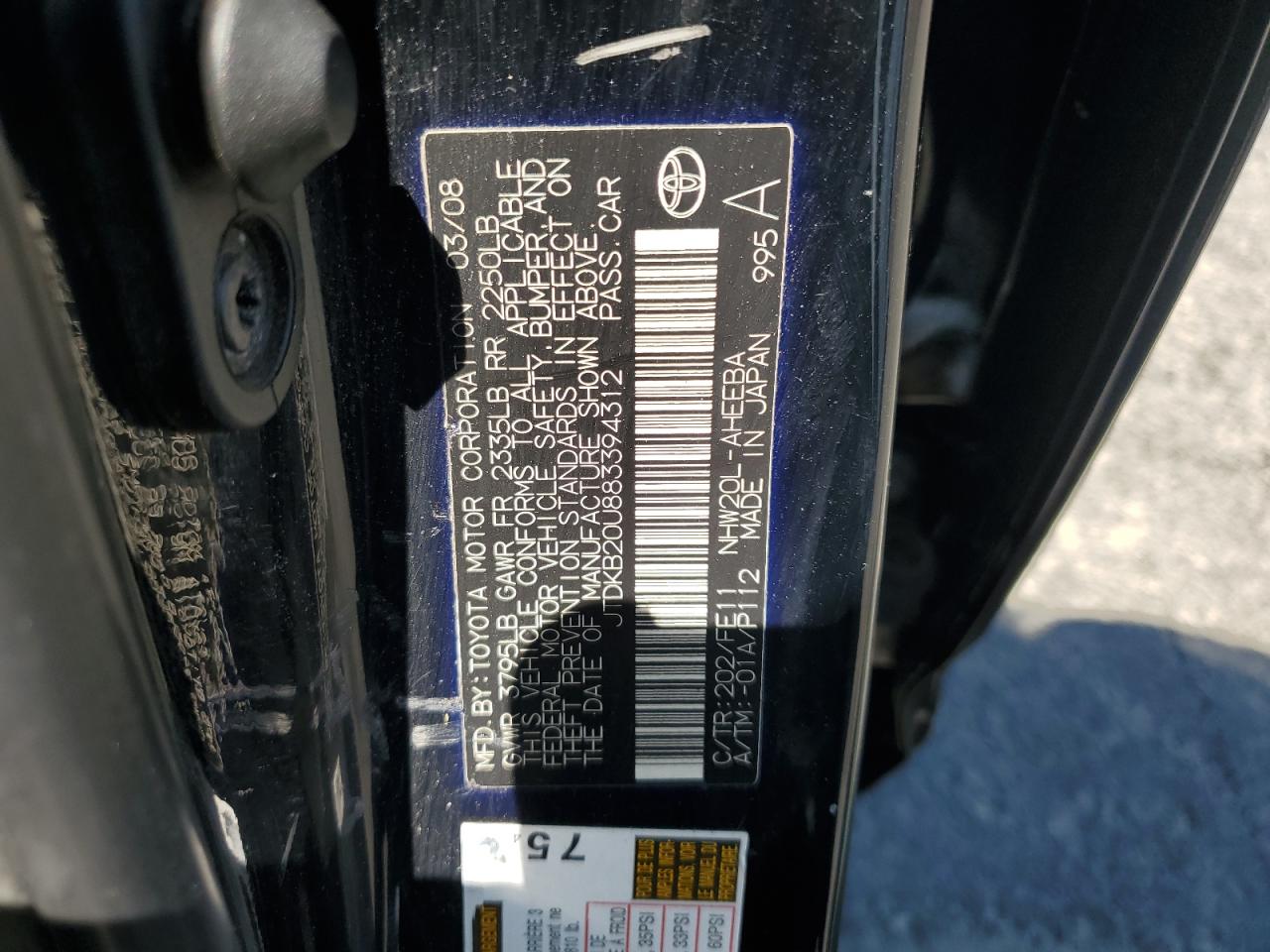 2008 Toyota Prius VIN: JTDKB20U883394312 Lot: 65230325