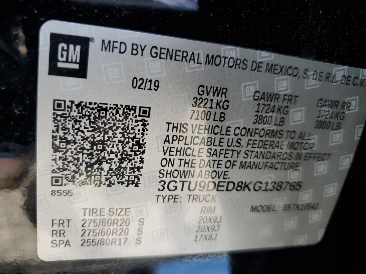 2019 GMC Sierra K1500 Slt VIN: 3GTU9DED8KG138765 Lot: 66194245