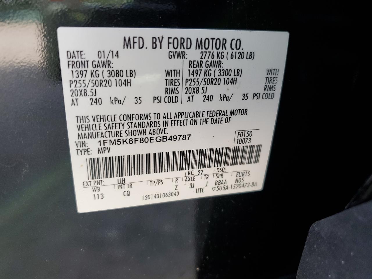 2014 Ford Explorer Limited VIN: 1FM5K8F80EGB49787 Lot: 64383125
