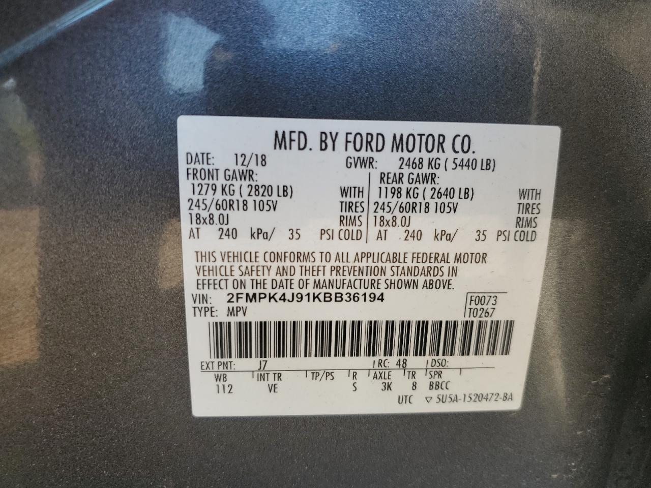 2019 Ford Edge Sel VIN: 2FMPK4J91KBB36194 Lot: 63242895