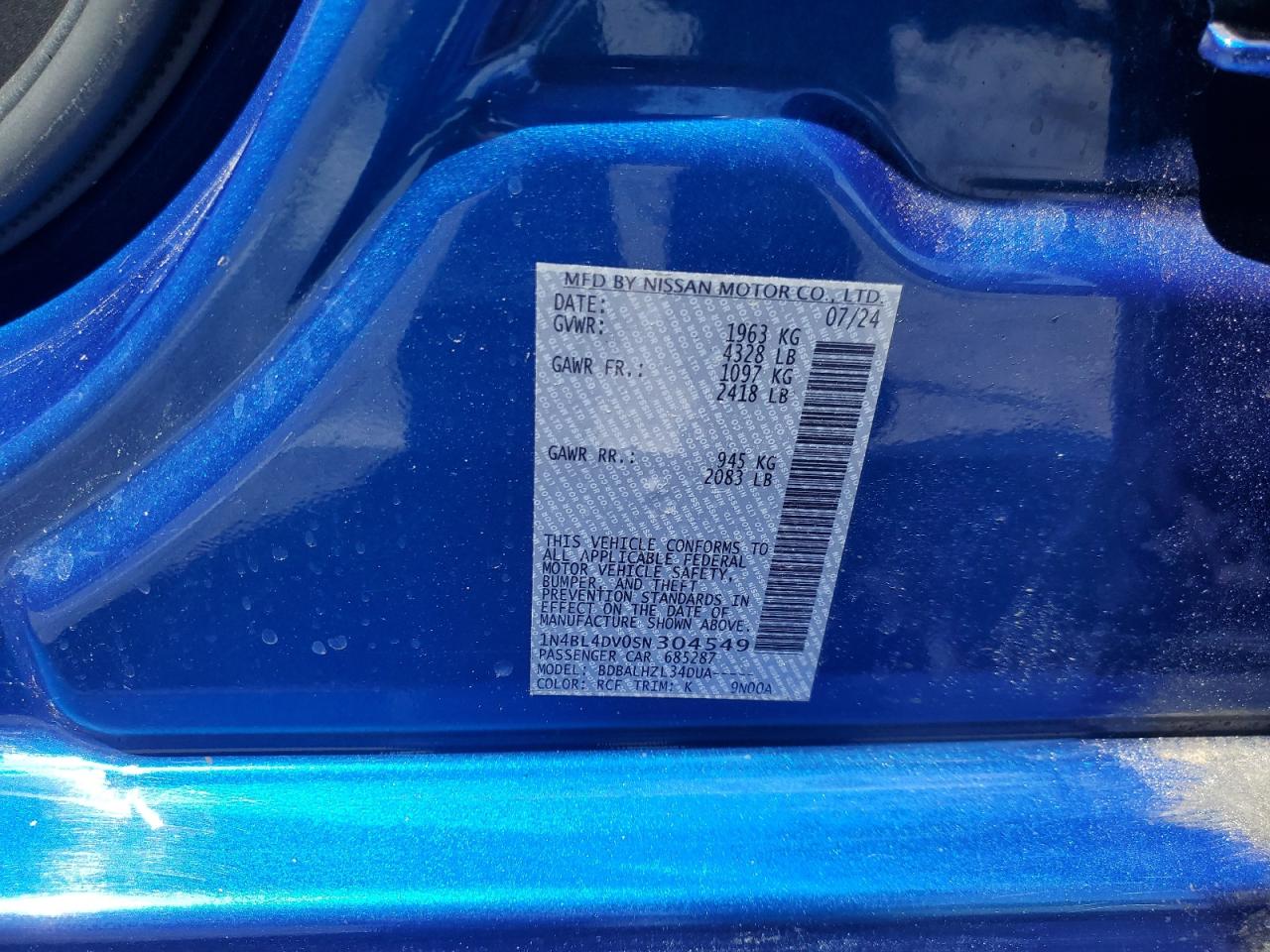 2025 Nissan Altima Sv VIN: 1N4BL4DV0SN304549 Lot: 65284595