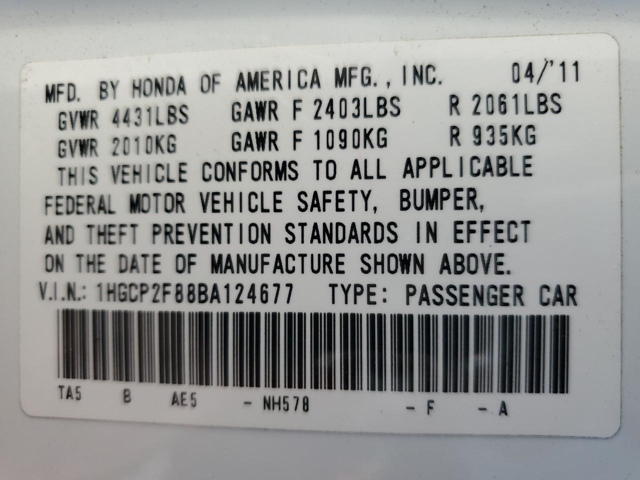 2011 Honda Accord Exl VIN: 1HGCP2F88BA124677 Lot: 63097925