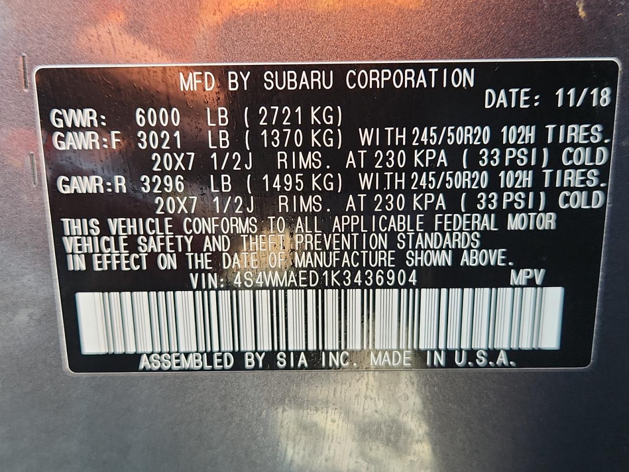 2019 Subaru Ascent Premium VIN: 4S4WMAED1K3436904 Lot: 64030085