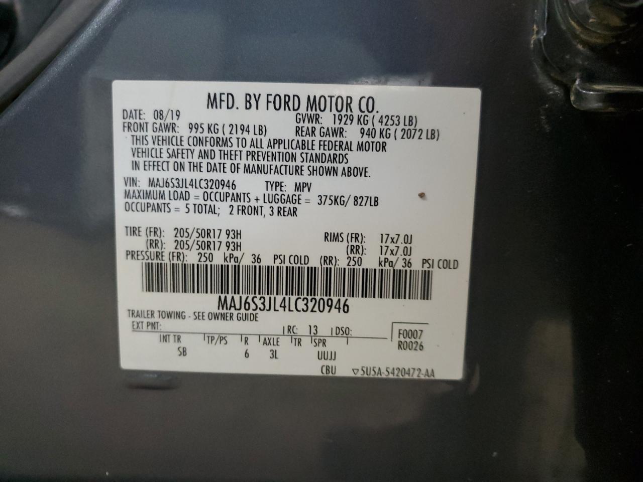 2020 Ford Ecosport Ses VIN: MAJ6S3JL4LC320946 Lot: 67057285