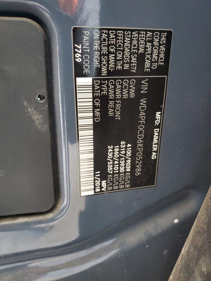 2019 Mercedes-Benz Sprinter 2500/3500 VIN: WD4PF0CD6KP052986 Lot: 63482965
