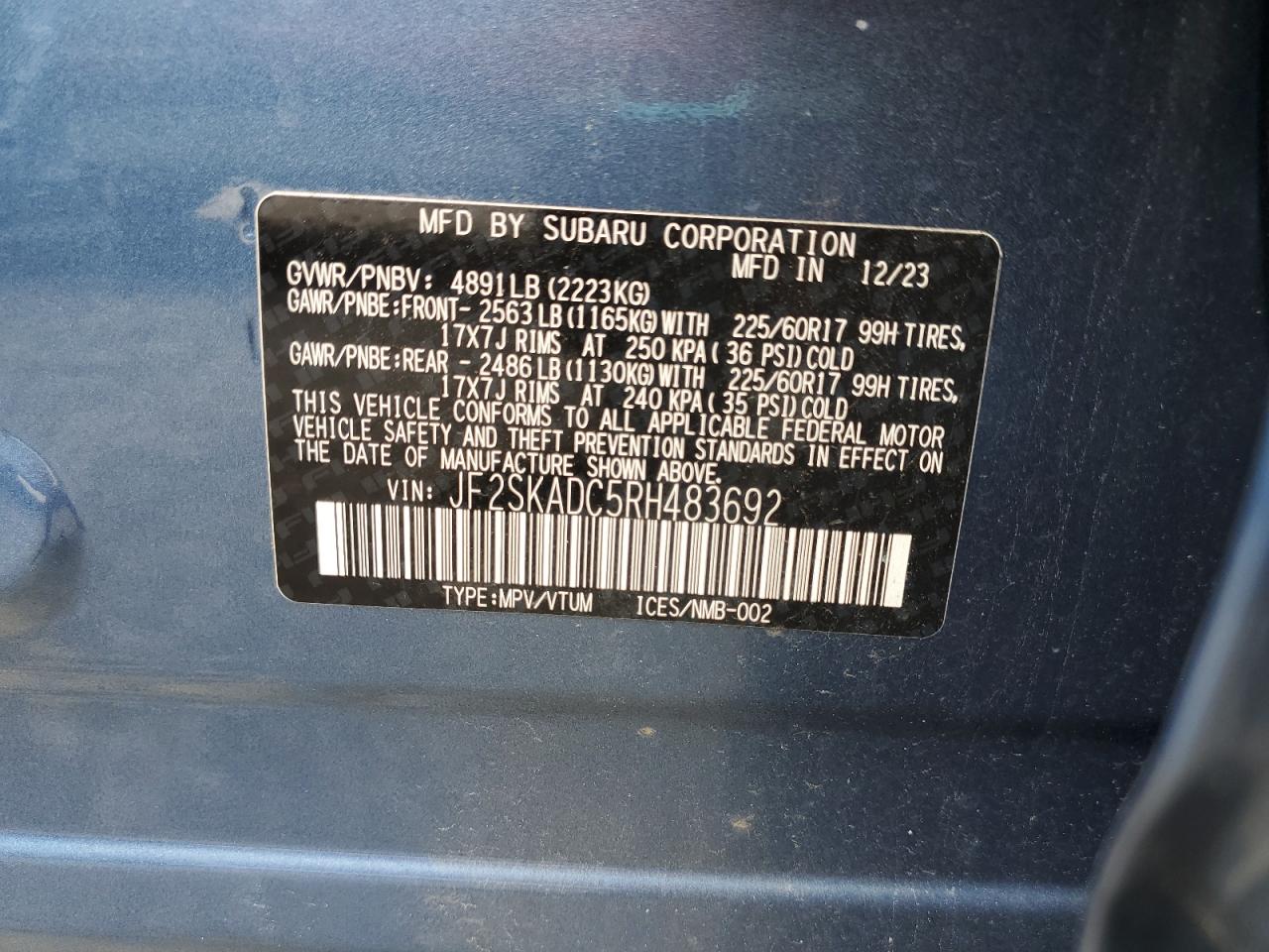 2024 Subaru Forester Premium VIN: JF2SKADC5RH483692 Lot: 64998165