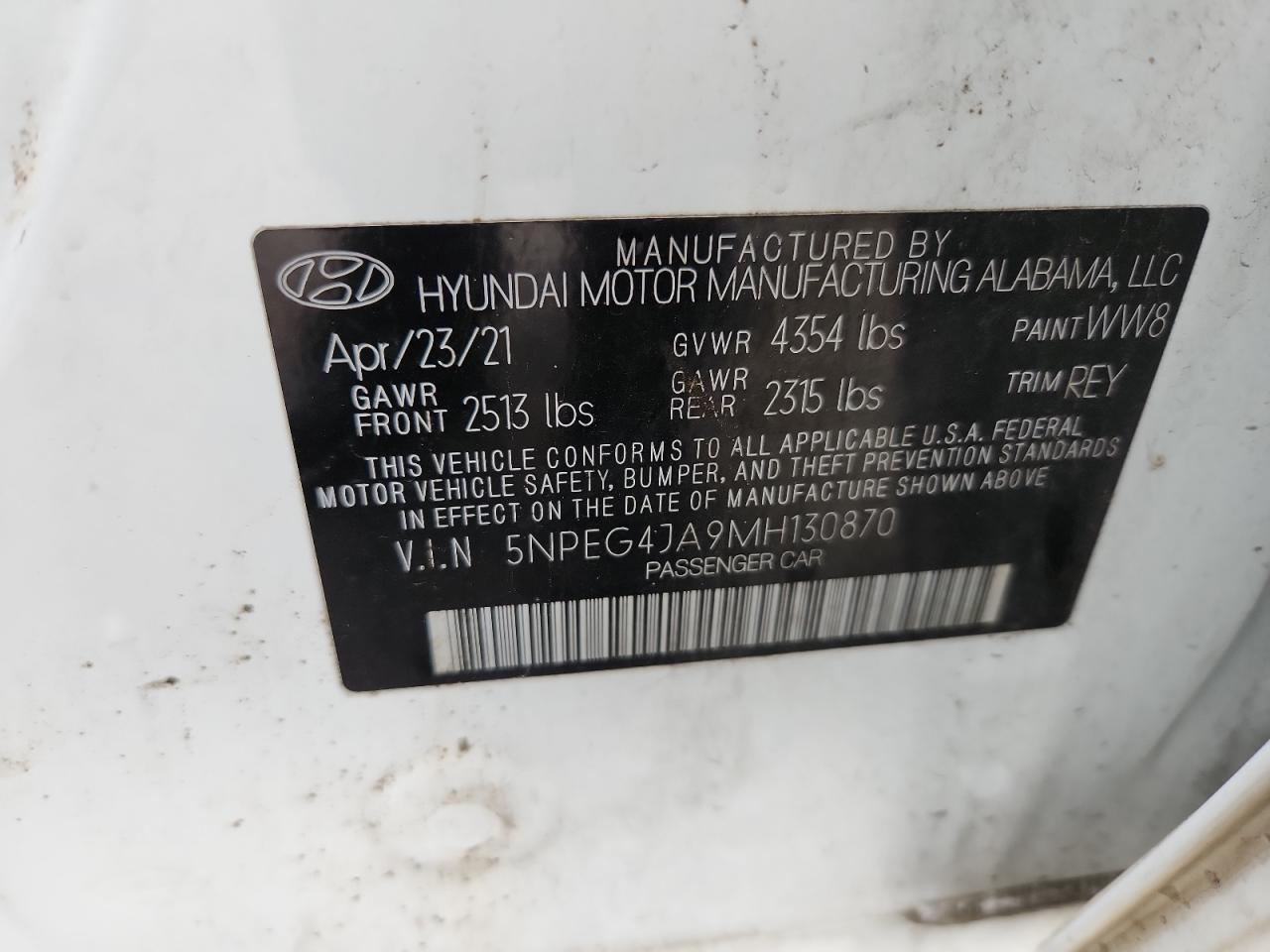 2021 Hyundai Sonata Se VIN: 5NPEG4JA9MH130870 Lot: 62888275