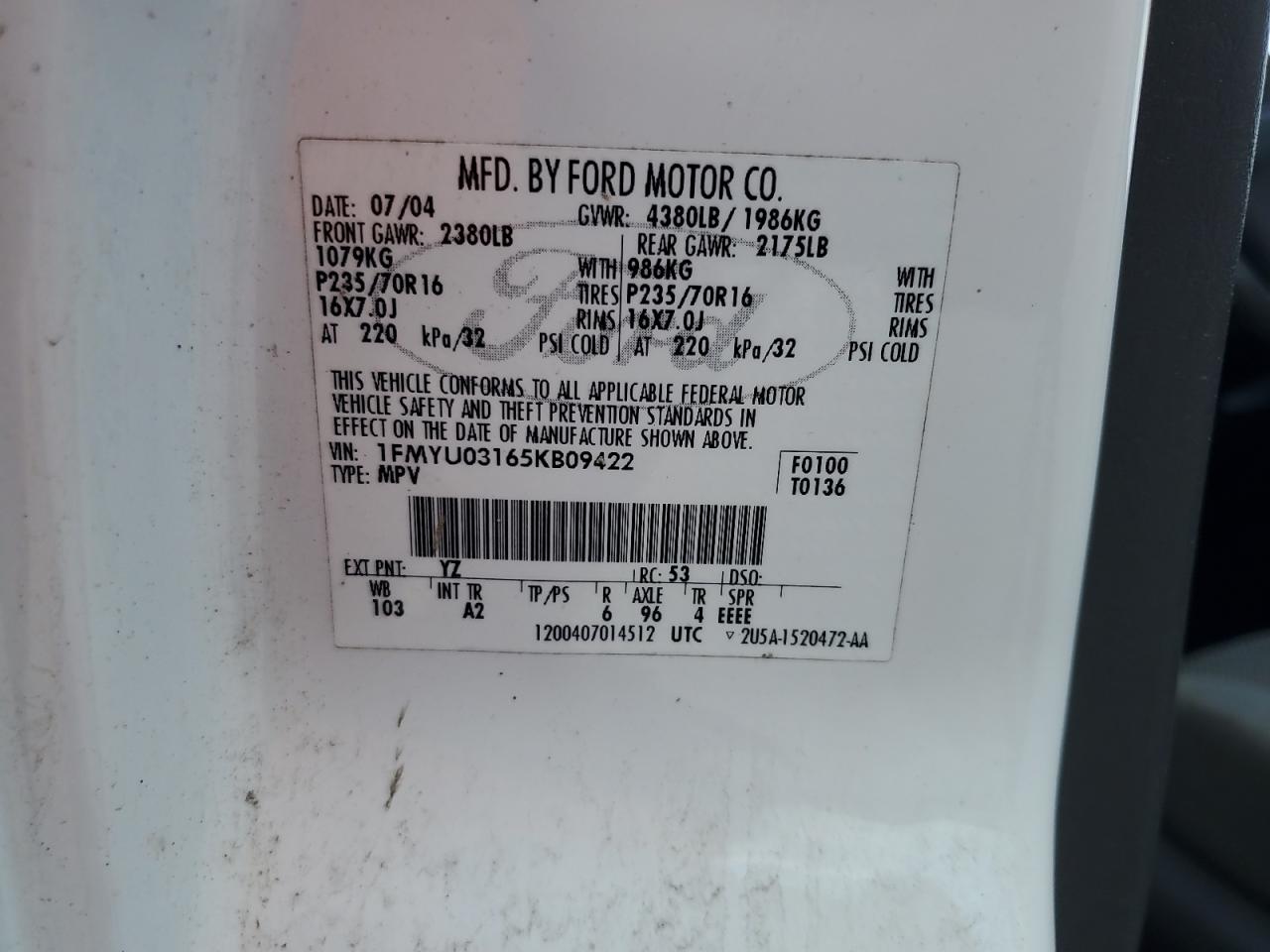 2005 Ford Escape Xlt VIN: 1FMYU03165KB09422 Lot: 63485505