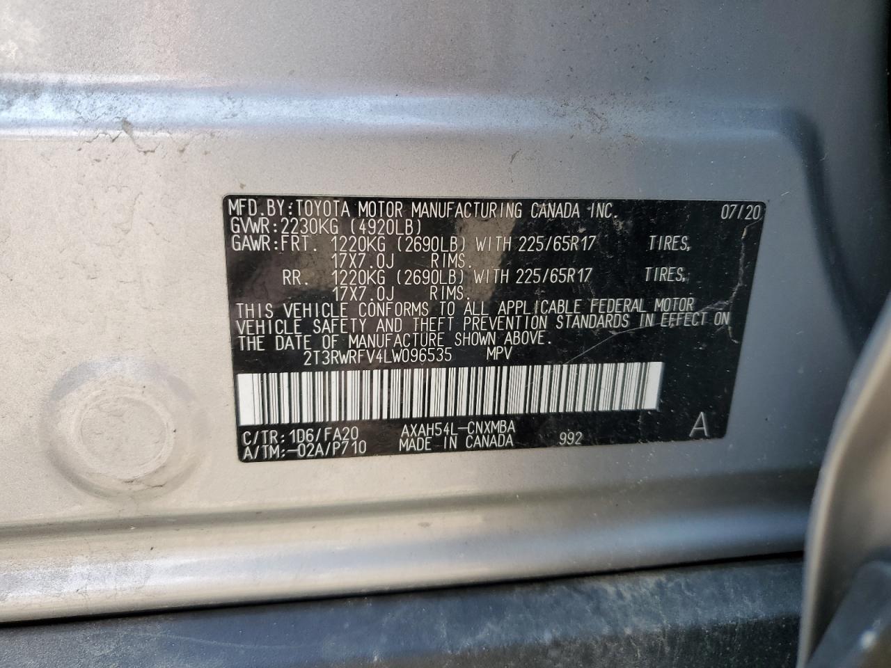 2T3RWRFV4LW096535 2020 Toyota Rav4 Xle