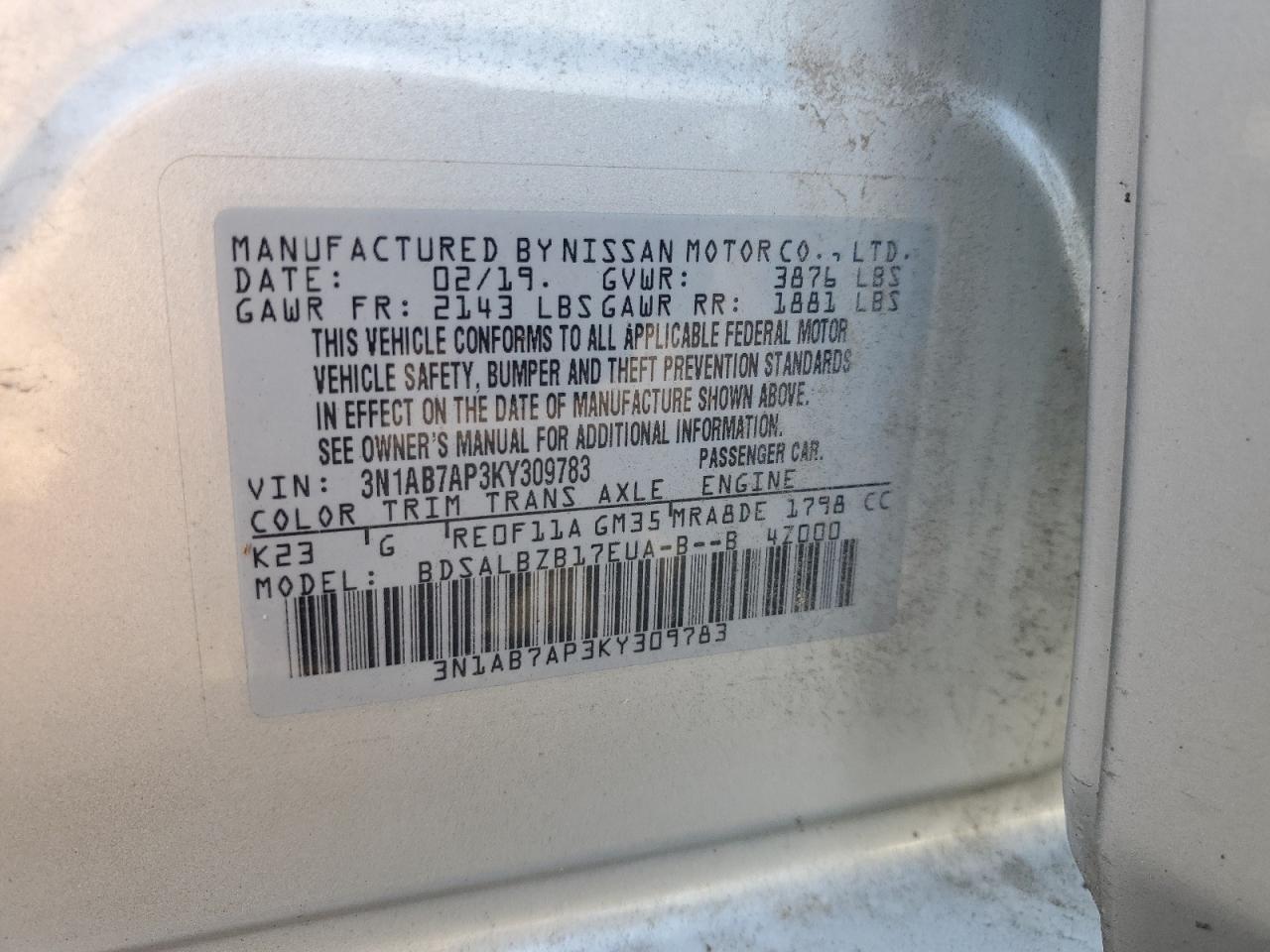 2019 Nissan Sentra S VIN: 3N1AB7AP3KY309783 Lot: 65266105