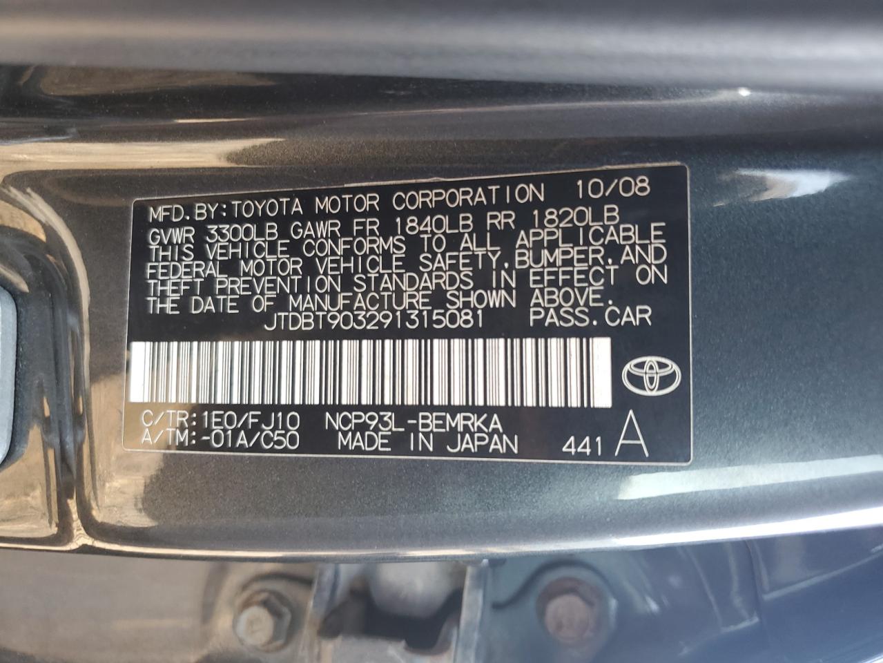 2009 Toyota Yaris VIN: JTDBT903291315081 Lot: 65227925