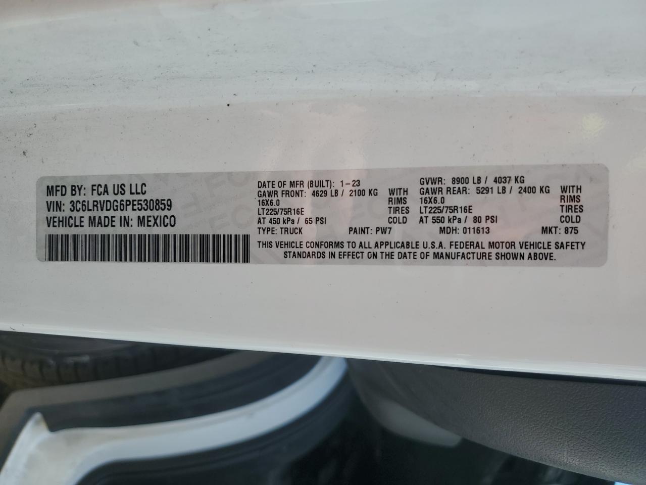 2023 Ram Promaster 2500 2500 High VIN: 3C6LRVDG6PE530859 Lot: 64291815