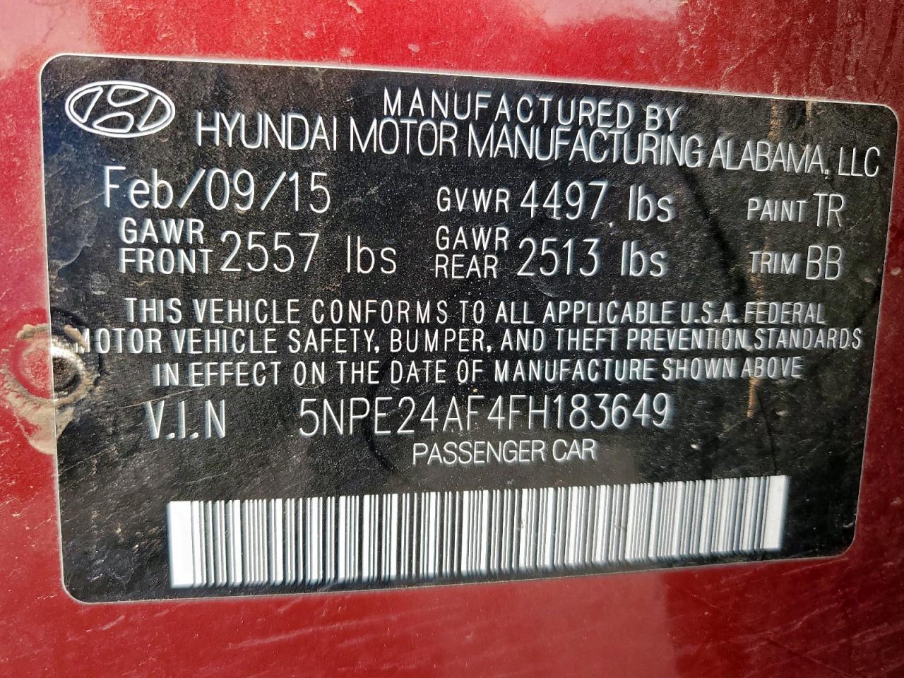 2015 Hyundai Sonata Se VIN: 5NPE24AF4FH183649 Lot: 64043905