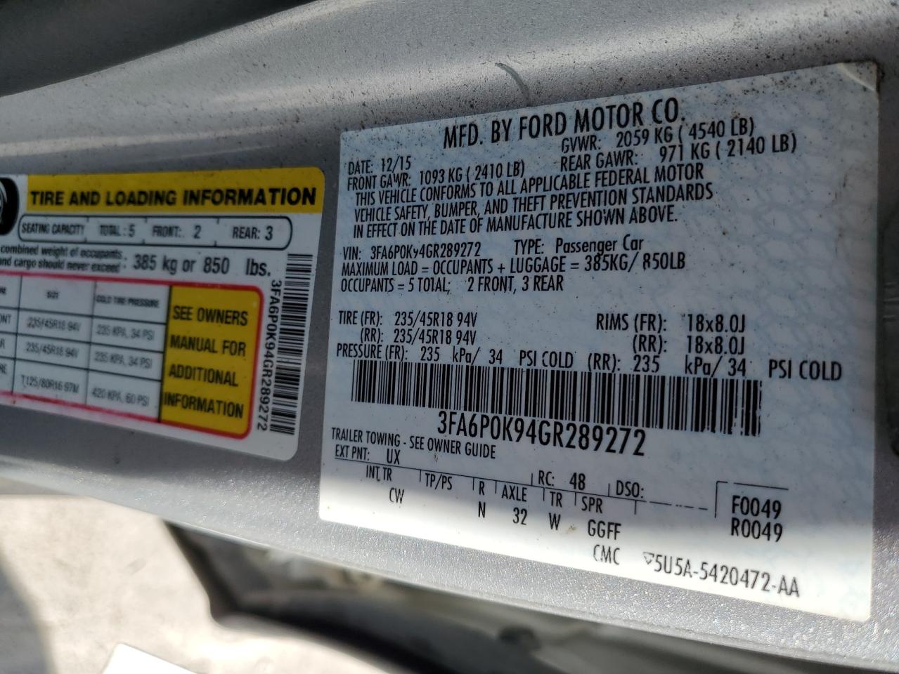 2016 Ford Fusion Titanium VIN: 3FA6P0K94GR289272 Lot: 65685425