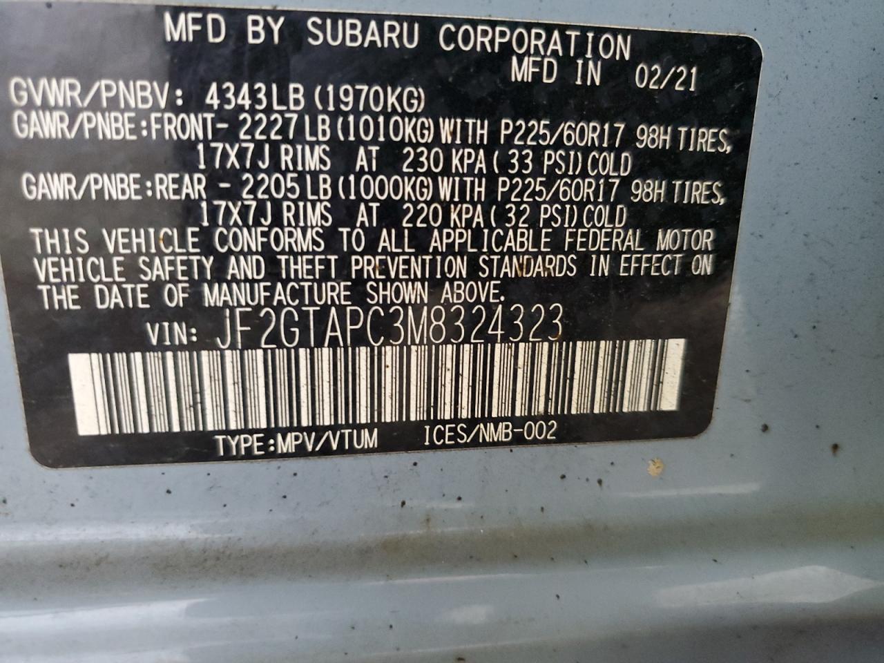 2021 Subaru Crosstrek Premium VIN: JF2GTAPC3M8324323 Lot: 65266765