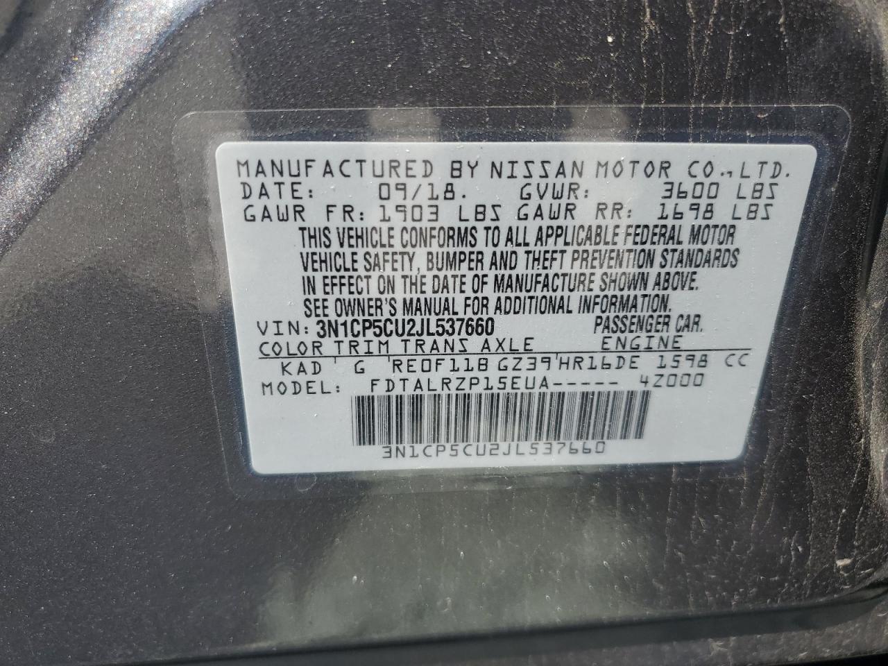 2018 Nissan Kicks S VIN: 3N1CP5CU2JL537660 Lot: 61873065
