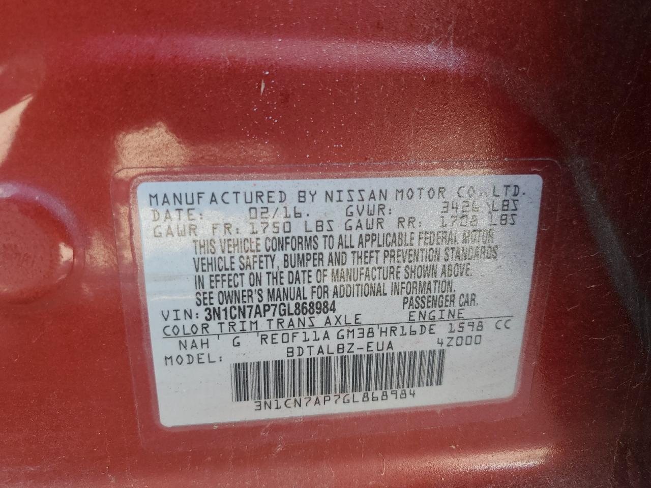 2016 Nissan Versa S VIN: 3N1CN7AP7GL868984 Lot: 66642905