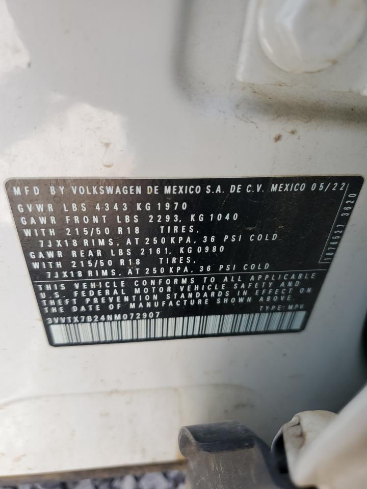2022 Volkswagen Taos Se VIN: 3VVTX7B24NM072907 Lot: 65642565