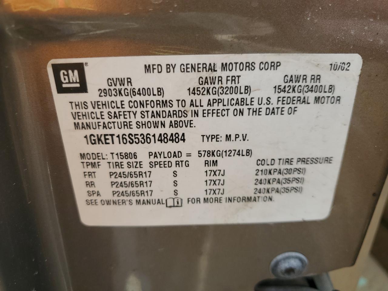 2003 GMC Envoy Xl VIN: 1GKET16S536148484 Lot: 66713525