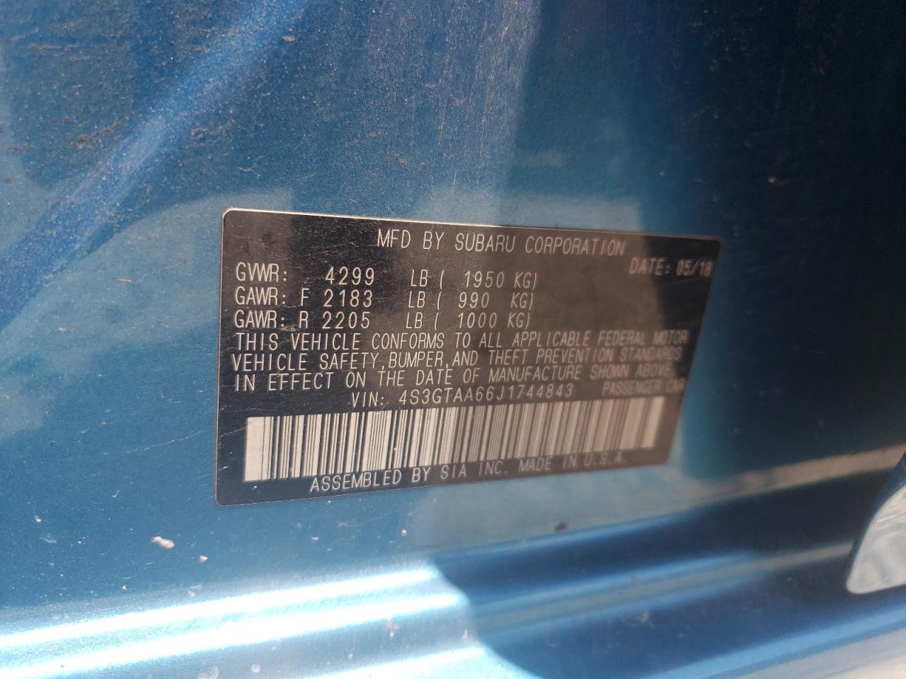 2018 Subaru Impreza VIN: 4S3GTAA66J1744843 Lot: 63845405