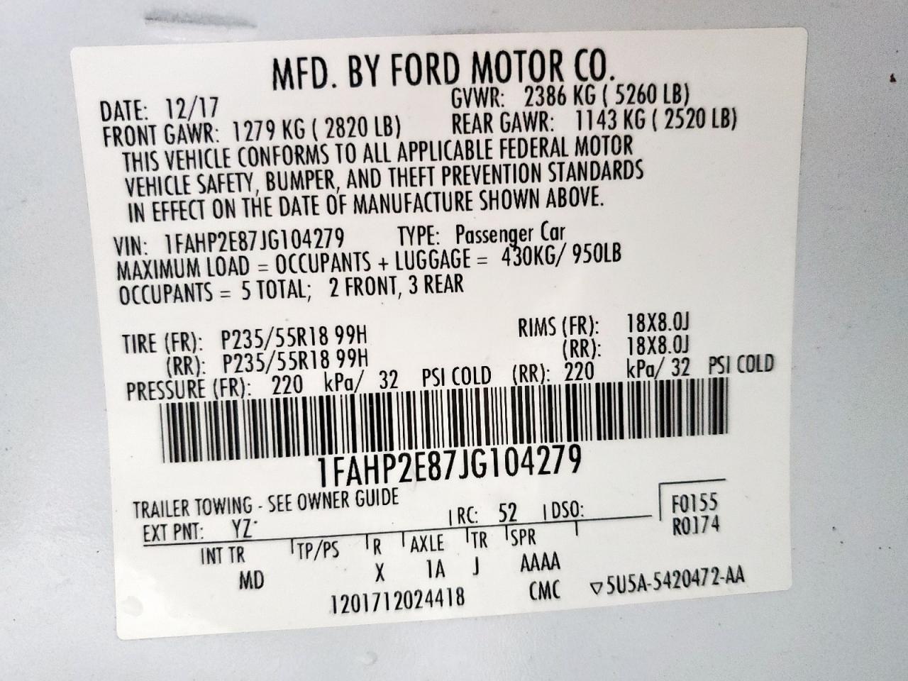 2018 Ford Taurus Sel VIN: 1FAHP2E87JG104279 Lot: 63388635