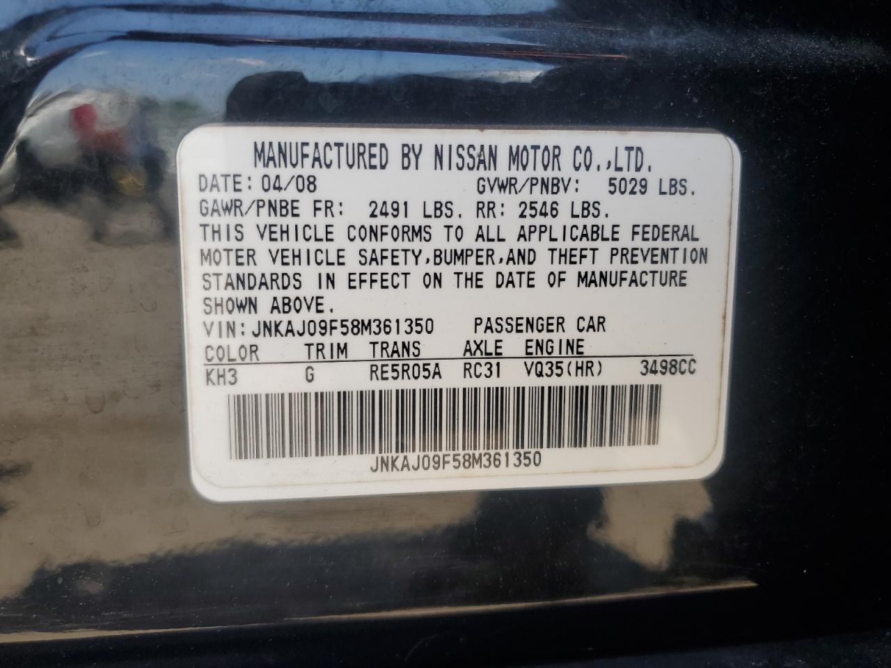 2008 Infiniti Ex35 Base VIN: JNKAJ09F58M361350 Lot: 63877285