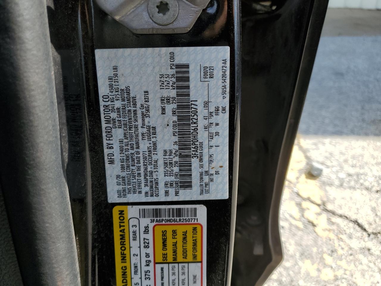 2020 Ford Fusion Se VIN: 3FA6P0HD6LR250771 Lot: 65268515