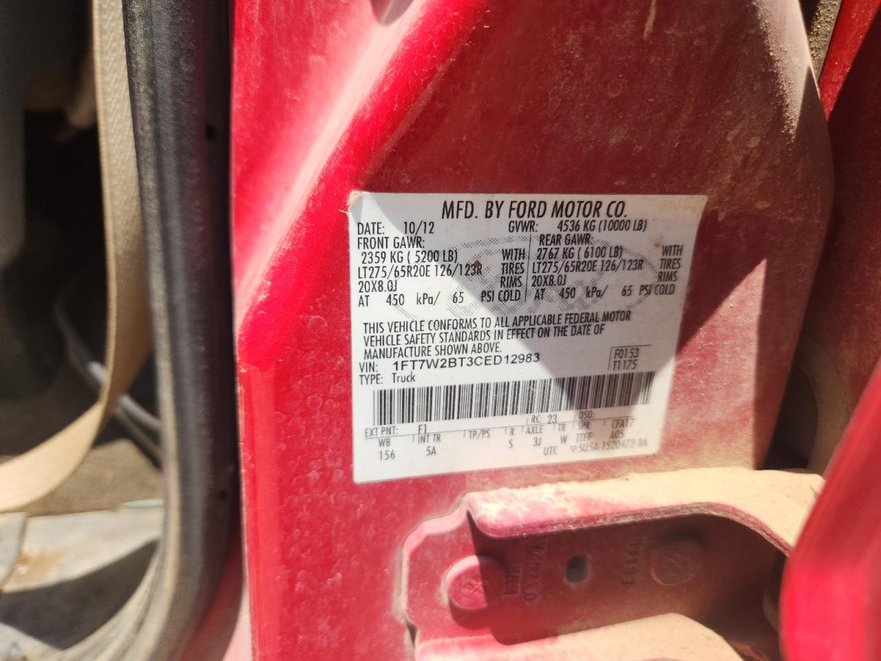 2012 Ford F250 Super Duty VIN: 1FT7W2BT3CED12983 Lot: 64812325
