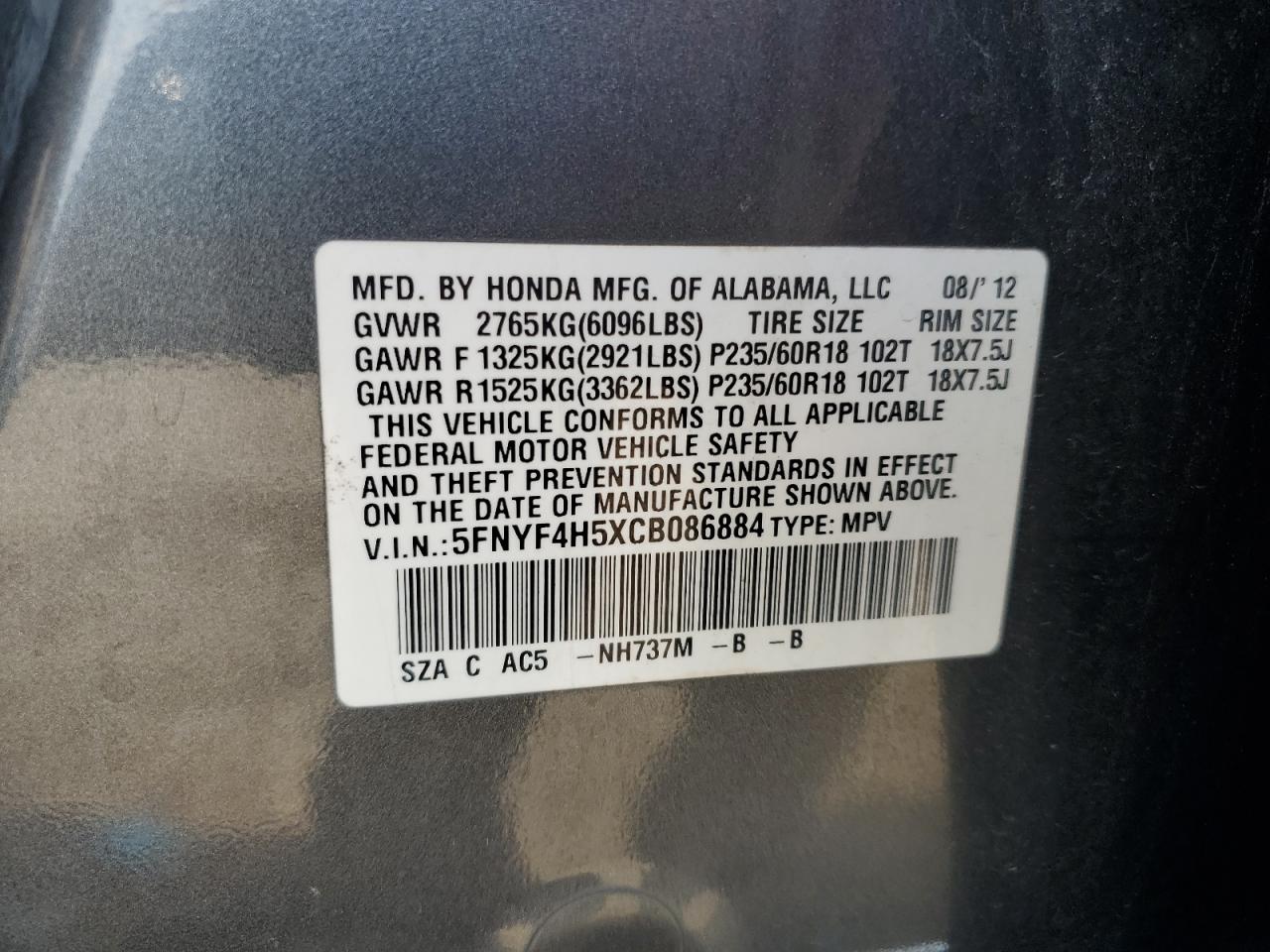 2012 Honda Pilot Exl VIN: 5FNYF4H5XCB086884 Lot: 64856935