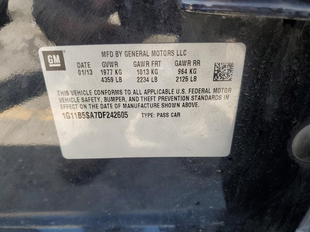2013 Chevrolet Malibu Ls VIN: 1G11B5SA7DF242605 Lot: 63101825