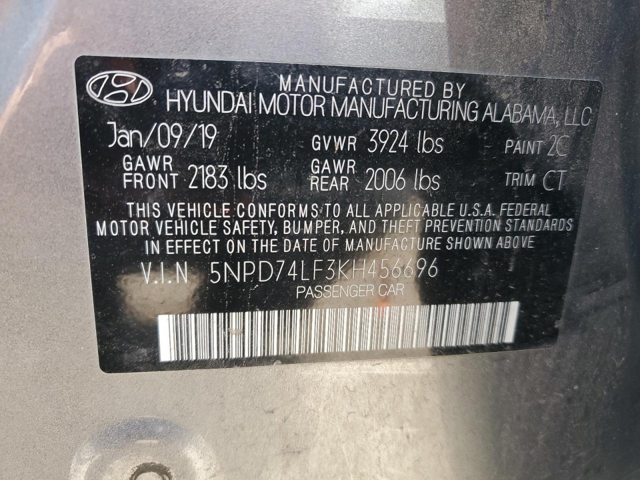 2019 Hyundai Elantra Se VIN: 5NPD74LF3KH456696 Lot: 63814365