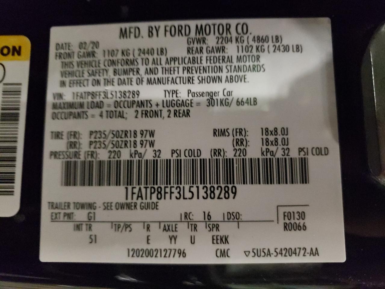 2020 Ford Mustang Gt VIN: 1FATP8FF3L5138289 Lot: 64308995