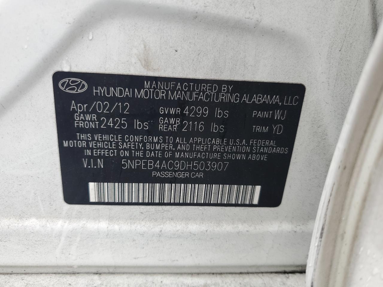 2013 Hyundai Sonata Gls VIN: 5NPEB4AC9DH503907 Lot: 63442905