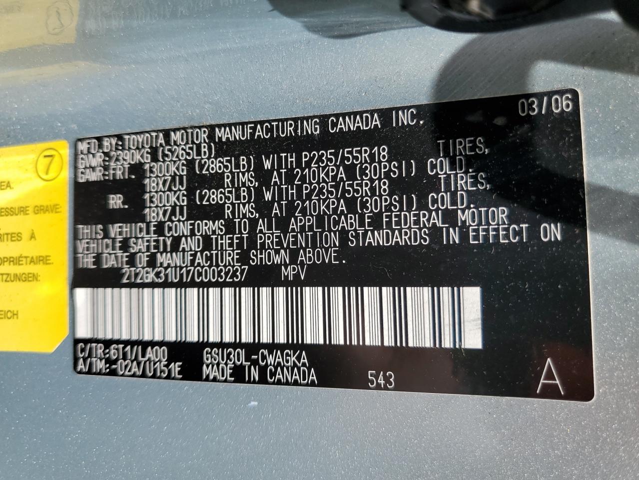 2007 Lexus Rx 350 VIN: 2T2GK31U17C003237 Lot: 63932845